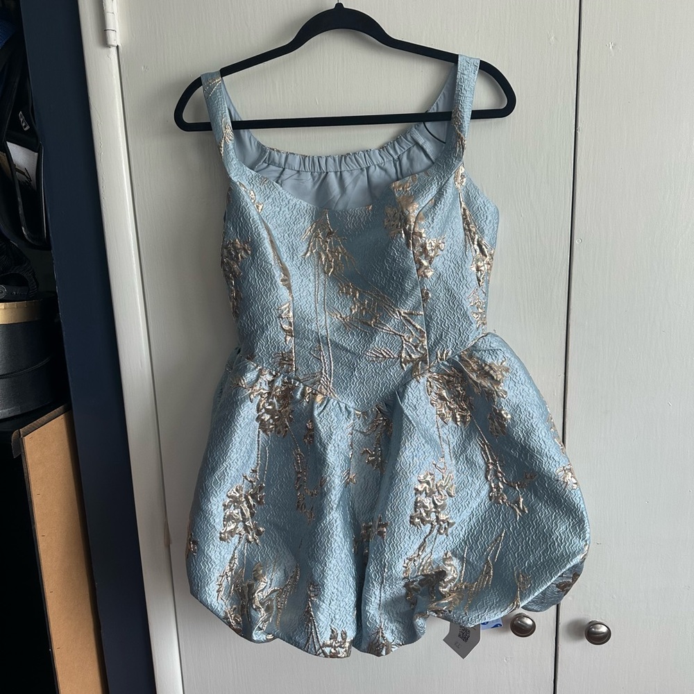 Cider Powder Blue Mini Dress with Gold Floral Jacquard